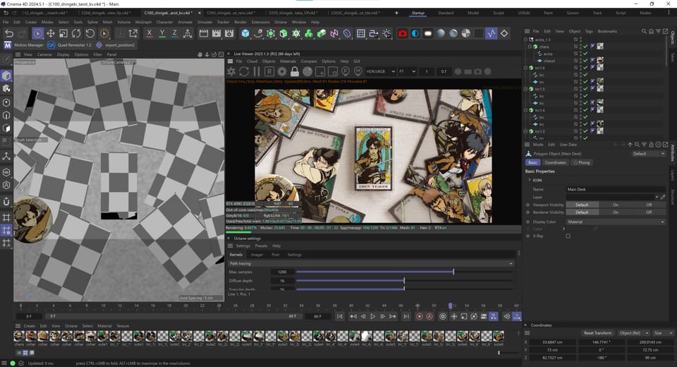 進撃の巨人「TRICK OF FATE」映像 Cinema4D上の画面で制作している商品集合カット