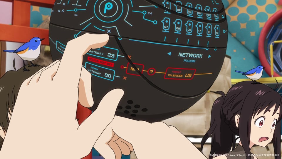 Ducky bird-drone hacking screen UI graphics in The Orbital Children