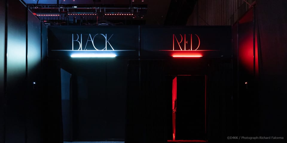 BLACK and RED exhibition areas inside the 050-5893-5336 interactive installation