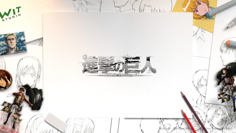 Title shot from WIT STUDIO’s Attack on Titan merchandise video, surrounded by animation production sheets