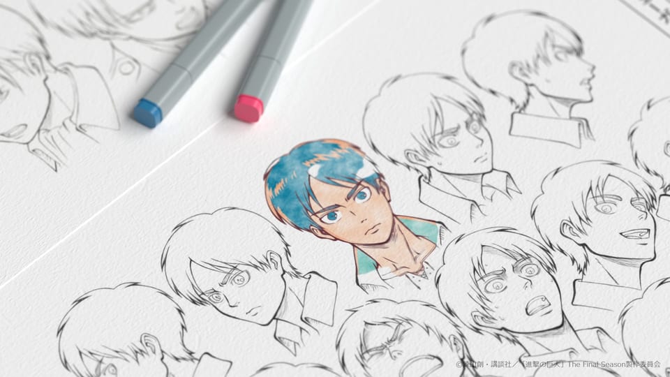 Eren character design sheet gradually gaining color in WIT STUDIO’s Attack on Titan merchandise video