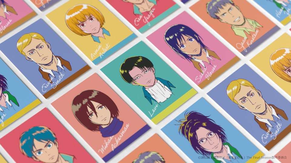 ARTMAKE cards arranged in a grid in WIT STUDIO’s Attack on Titan merchandise video