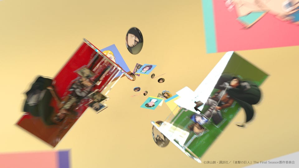Various Attack on Titan merchandise flying toward the center in WIT STUDIO’s promotional video
