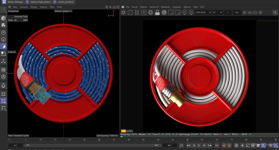3DCGで制作した盤面デザインの消火ホースとリール
