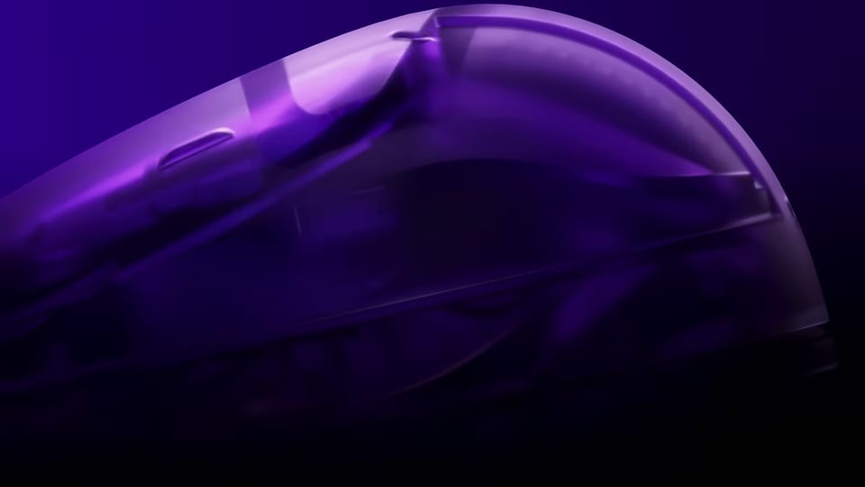 Rounded upper design of the SONY INZONE Buds Glass Purple charging case