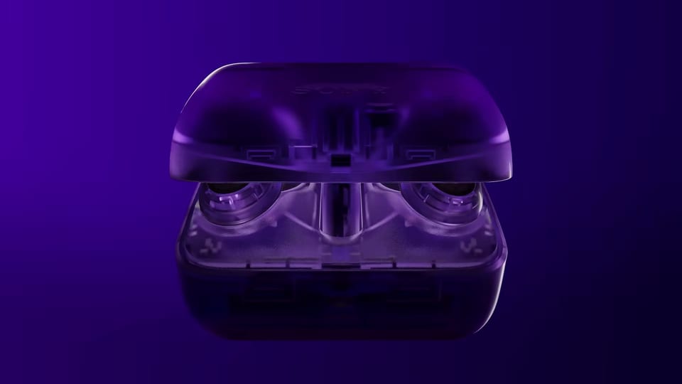 SONY INZONE Buds Glass Purple charging case opened to reveal the earbuds inside