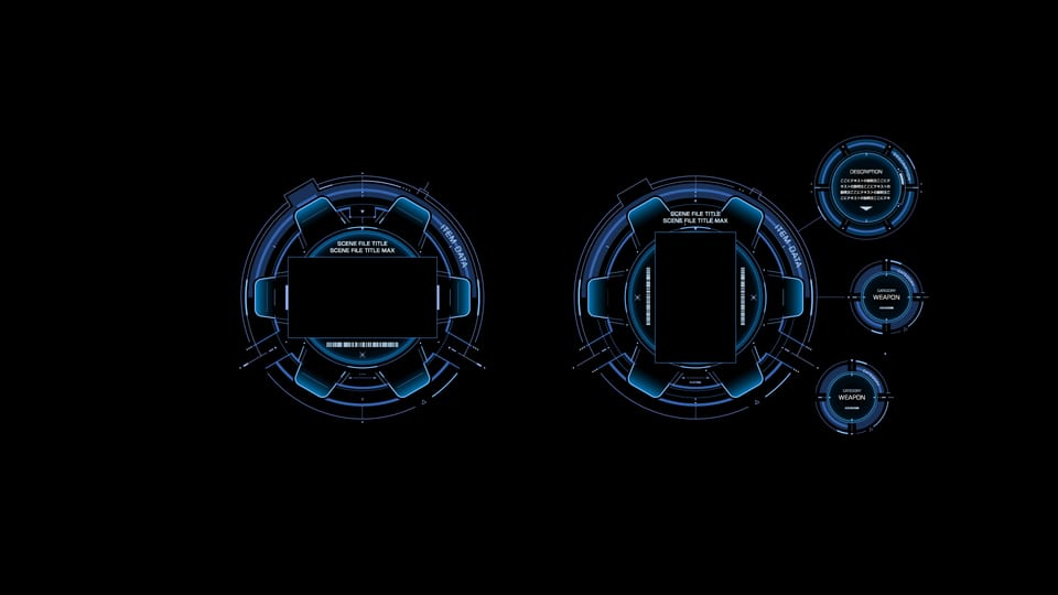 Ghost in the Shell Exhibition – circular Nerve Net UI design variations for vertical and horizontal content, with supplementary information panels extending to the side