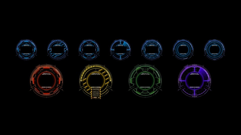 Ghost in the Shell Exhibition – series of circular Nerve Net UI designs with different color schemes for each anime series