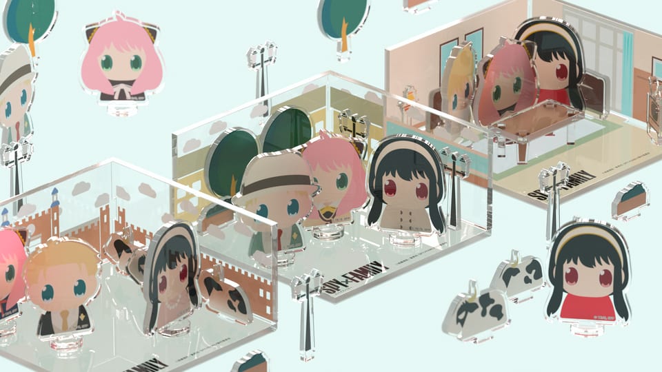 SPY×FAMILY Faminiature 3種のジオラマアクリルスタンドが並びキャラクターたちが動く様子