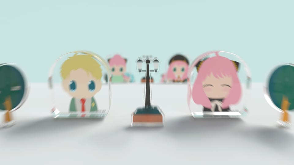 SPY×FAMILY Faminiature 様々な表情のアクリルミニフィギュアが手前から奥に並ぶシーン