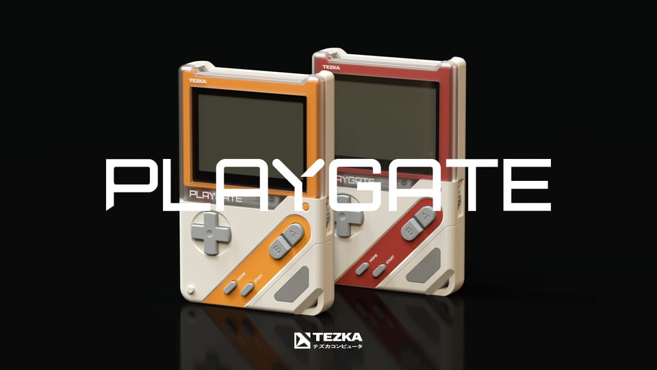 Main visual of fictional TEZKA PLAYGATE game consoles.