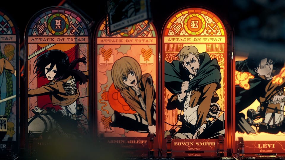 Stained-glass-inspired acrylic stand featured in the Attack on Titan “TRICK OF FATE” promotional film