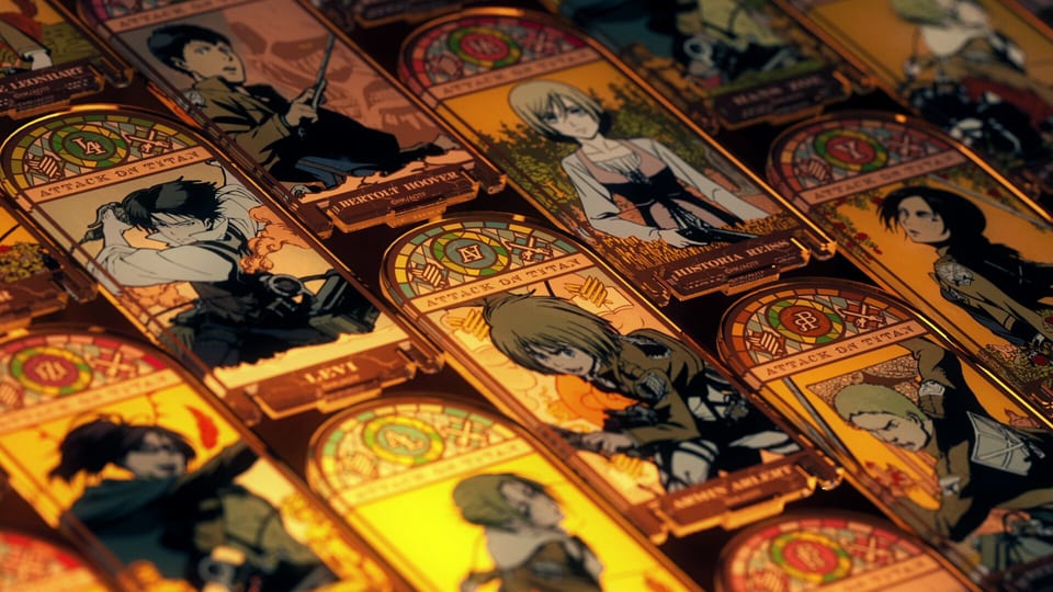 Stained-glass-inspired acrylic stands arranged in a tiled pattern for the Attack on Titan “TRICK OF FATE” promotional film