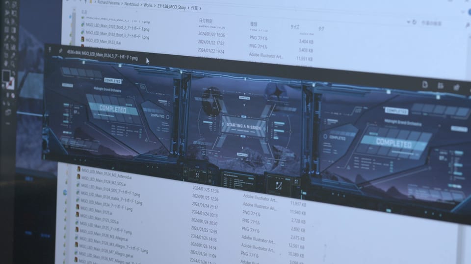 Computer screen showing the production process for Midnight Mission monitor graphics